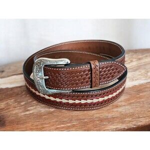 Western Ranger Adult Leather Belt Brick Hand Paint Center Rawhide Lace Size 44